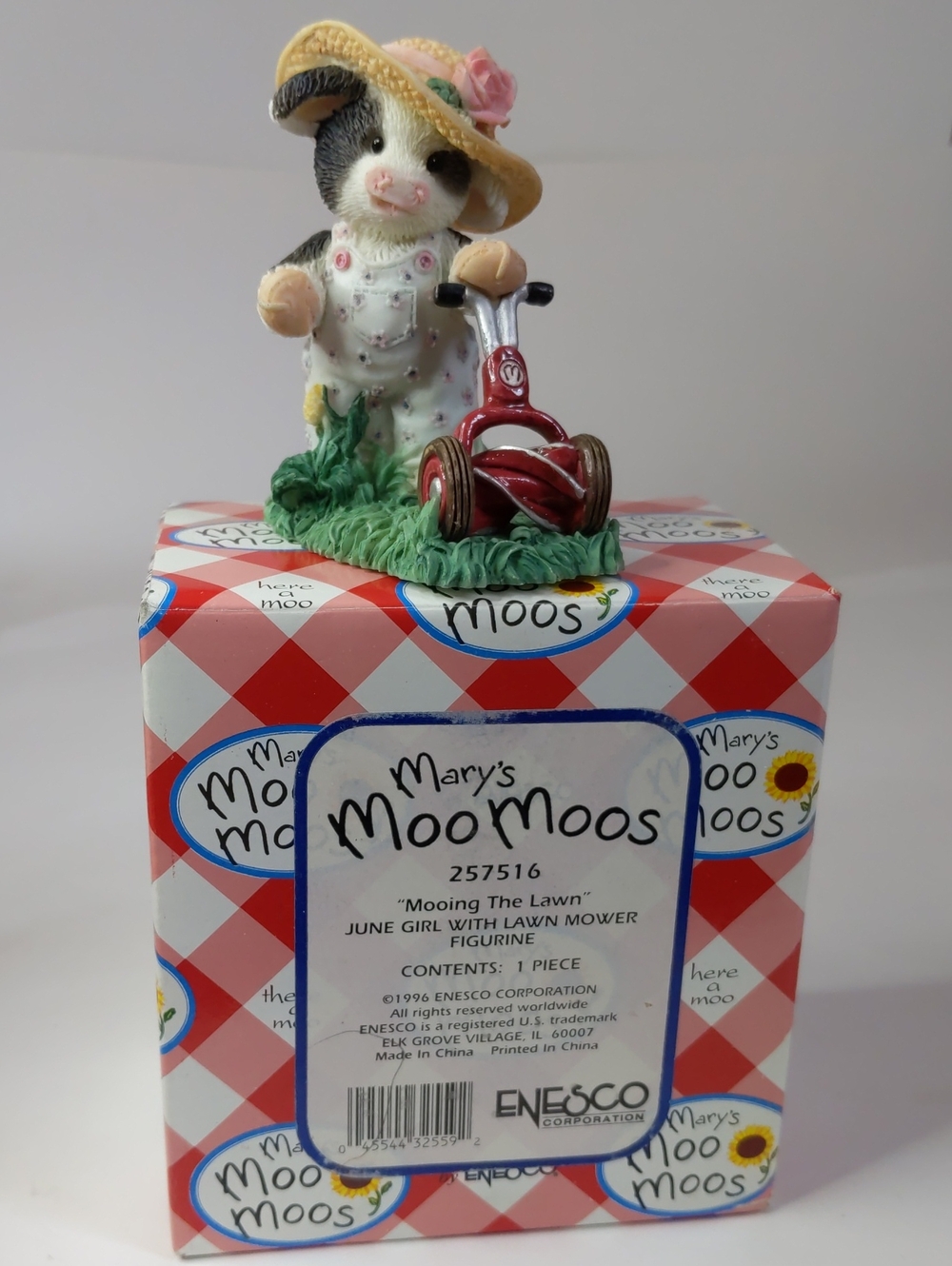 Vintage Enesco Mary’s Moo Moos JUNE 'Mooing The Lawn' Figurine